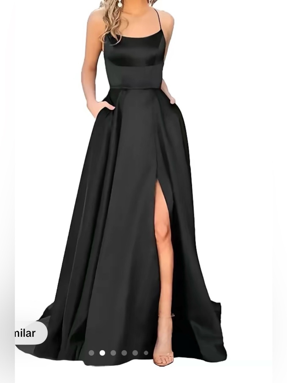 Elegant Black Satin A-Line Evening Dress with Thigh Slit and open back